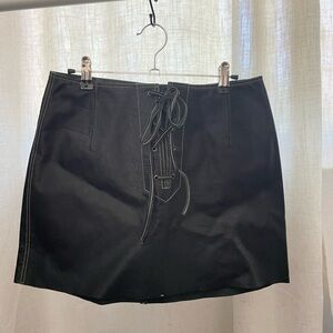 Free People Genuine Buff Leather Front Lace-Up Skirt Black